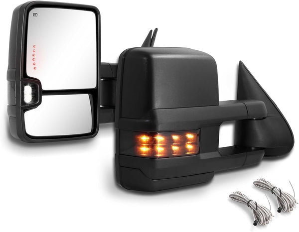 Towing Mirrors for 1999 2000 2001 2002 Chevy Silverado Suburban Tahoe GMC Sierra Yukon with Power Glass Arrow Turn Signal Light Heated Backup Lamp Extendable Pair Set