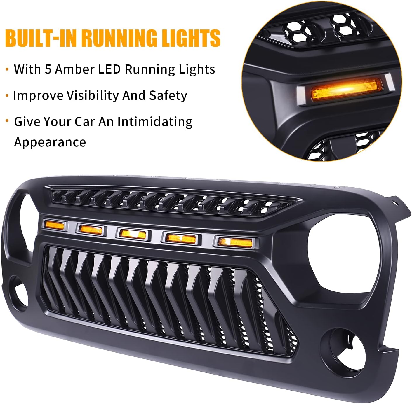 Front Grill Mesh Grille Cover Matte Black with Amber LED Running Lights for 2007-2018 Jeep Wrangler JK JKU Accessories & Unlimited Rubicon Sahara Sport, ABS - 0