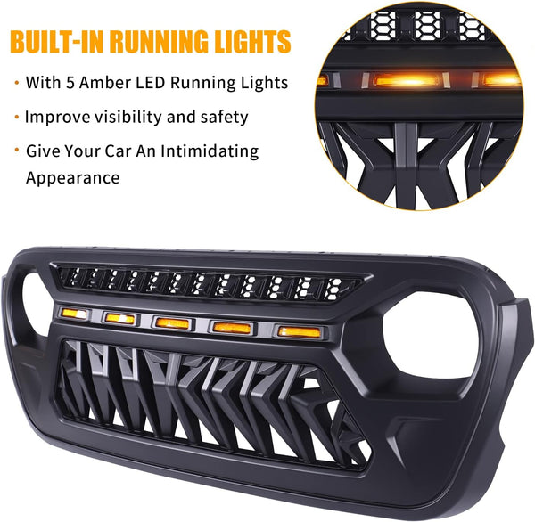 Mesh Grille Front Grill Cover Matte Black with Amber LED Running Lights for 2018 and Up Jeep Wrangler JL JLU JT Gladiator Accessories