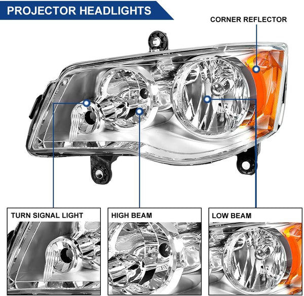 Headlights Assembly Compatible with 2011-2019 Dodge Grand Caravan / 2008-2016 Chrysler Town & Country Headlamps Replacement Chrome Housing Amber Reflector Clear Lens Left and Right