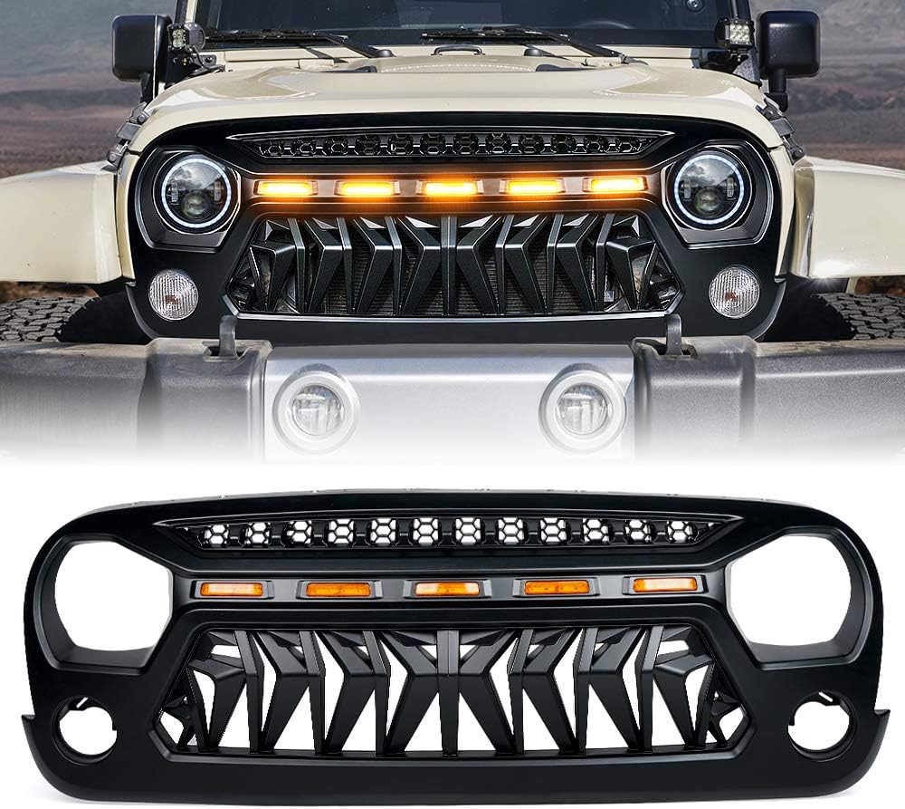 Front Grill Mesh Grille Cover Matte Black with Amber LED Running Lights for 2007-2018 Jeep Wrangler JK JKU Accessories & Unlimited Rubicon Sahara Sport, ABS