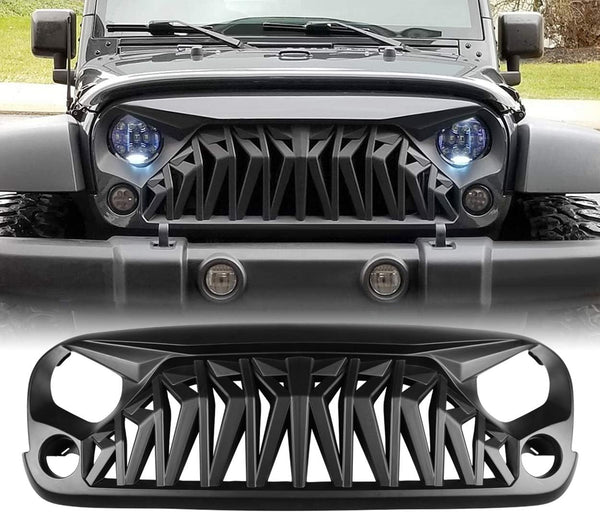 Front Matte Black Grille w/Mesh Insert for Jeep Wrangler Rubicon Sahara Sport JK JKU 2007-2018 (Matte Black Shark)