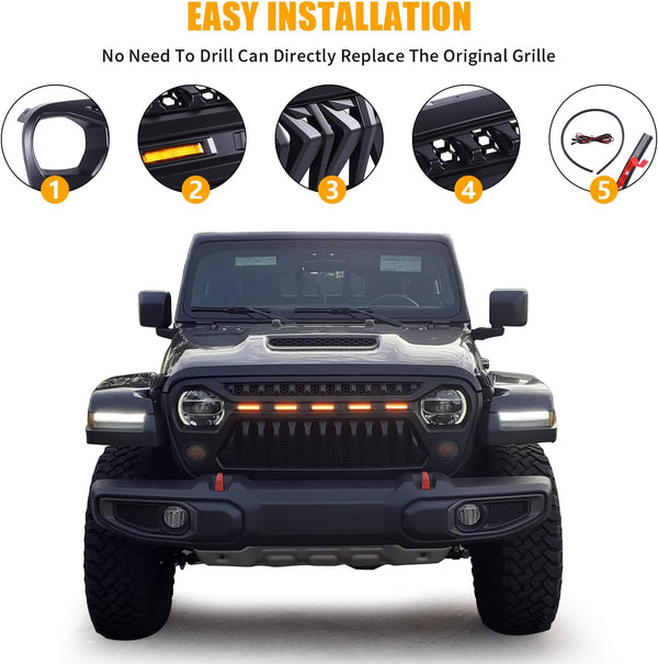 Front Grill Mesh Grille Cover Matte Black with Amber LED Running Lights for 2007-2018 Jeep Wrangler JK JKU Accessories & Unlimited Rubicon Sahara Sport, ABS