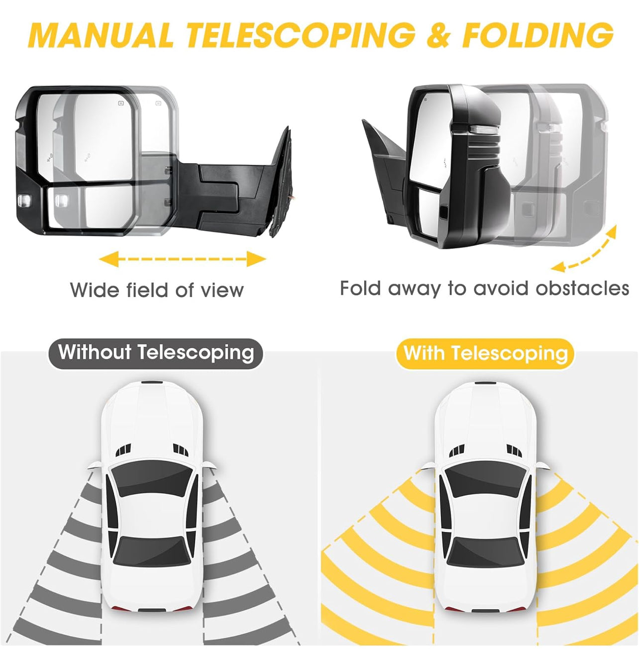 Tecman Towing Mirrors for 2022-2024 Tundra with Power Glass Heated Function  Turn Signal Light Backup Light Blind Spot Monitoring Extendable Fold Pair Set (Clear Lens)