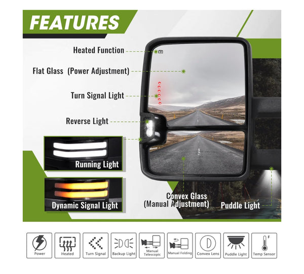 Towing Mirrors Fits Dodge Ram 2009-2018 (2019-22 Classic) Black Pair Power Heated Switch back