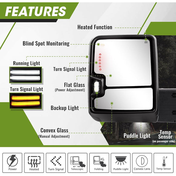 Switch back Tow mirrors set for Sierra 1500 2019 - 2024 power heated turn Signal