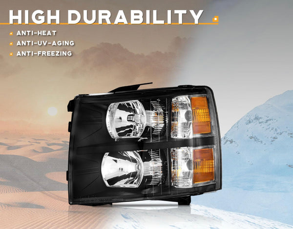 2007-2013 Chevy Silverado 1500 Headlights Assembly Compatible with 2007-2014 Chevy Silverado 2500HD/3500HD Headlight Replacement Black Housing Amber Reflector Left and Right Side Pair set