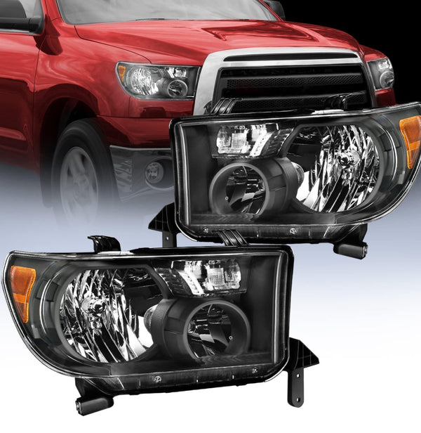 Headlight Assembly for 2007 2008 2009 2010 2011 2012 2013 Toyota Tundra 2008-2017 Sequoia Headlamps Replacement Black Housing Amber Reflector Driver and Passenger Side