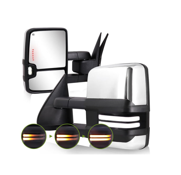 Switchback Towing Mirrors for 2003-2007 Chevy Silverado Side Mirrors GMC Sierra Tow Mirrors with Dynamic Turn Signal&Running Light Backup Lamp Power Heated Extendable Pair Set(Chrome)