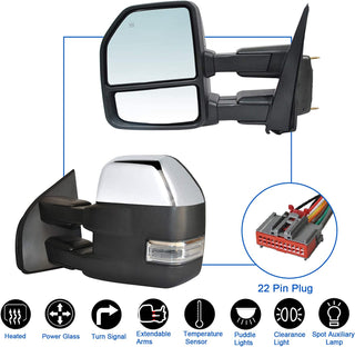 Towing Mirrors fit for 2015 2016 2017 2018 2019 2020 Ford F150 Pickup Truck with Temperature Sensor Turn Signal Lights Puddle Lights Auxiliary Lamp Power Heated Chrome Cap 22-Pin Plug