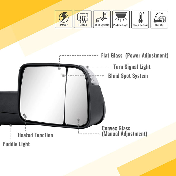 Towing Mirrors for 2019-2022 Ram 1500 - Dodge Tow Mirror with Power Glass Heated Turn Signal Light Puddle Lamp Temp Sensor Flip up Pair Set Chrome